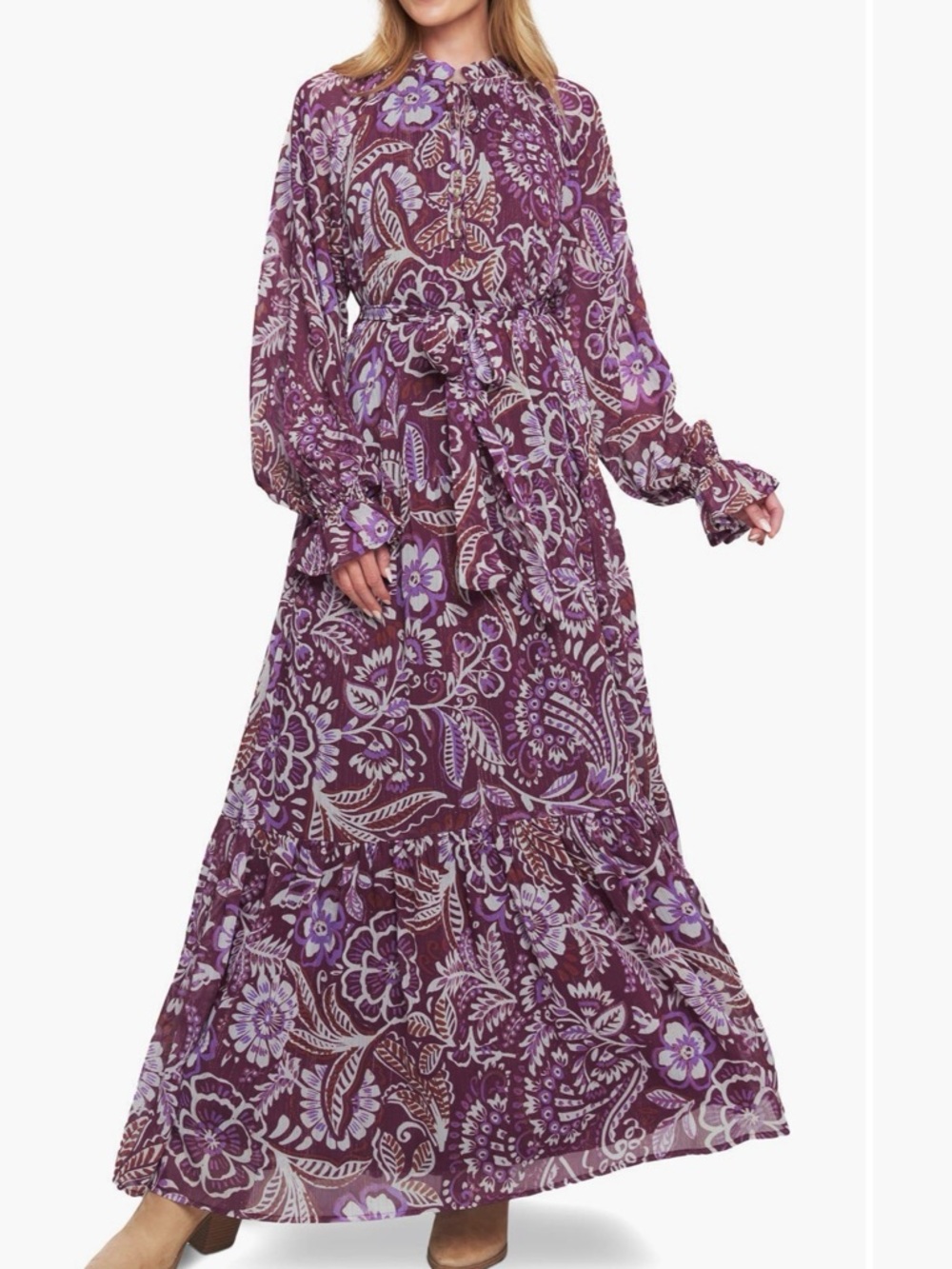 Flying Tomato Purple Floral Long Sleeve Maxi Dress with Lavender Accents